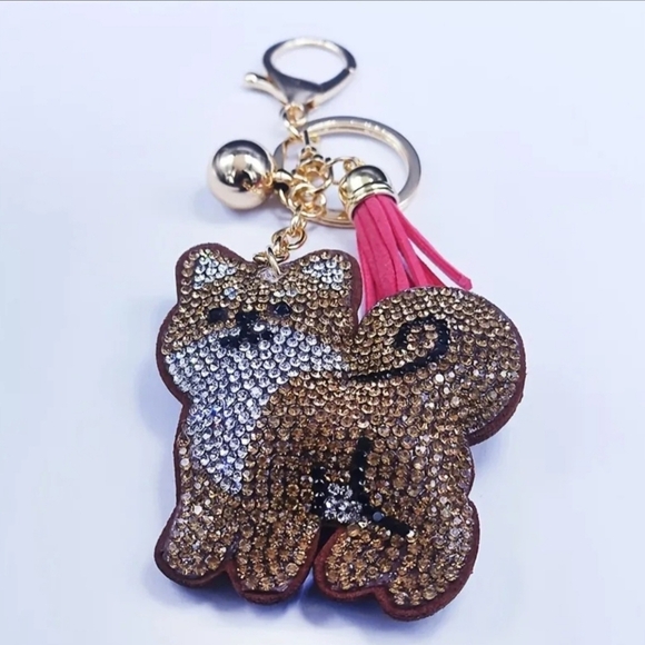 Bling Shibu Dog Crystal Rhinestone Keychain Bag Charm With Pink Tassel - Picture 13 of 14